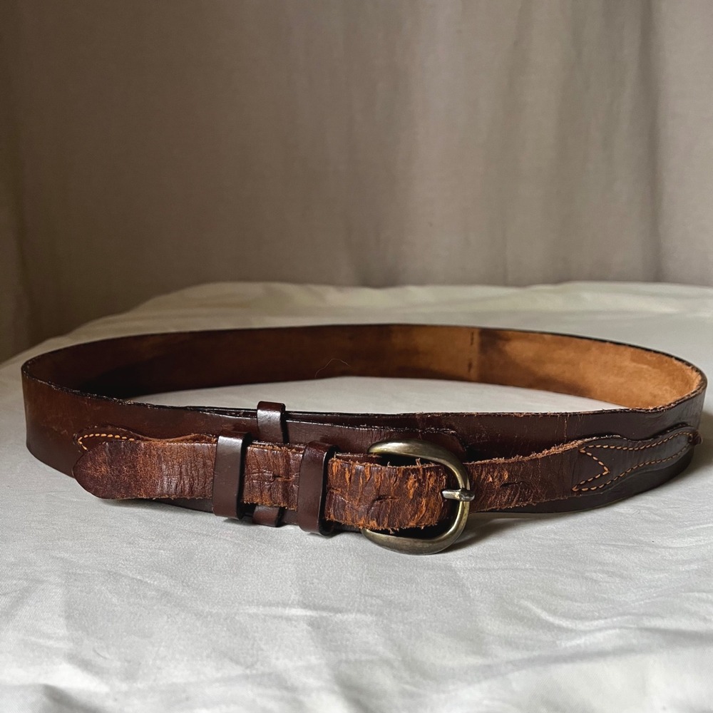 Vintage Brown Leather Ranger Belt Brass Buckle Western Distressed 1.75" 38-42